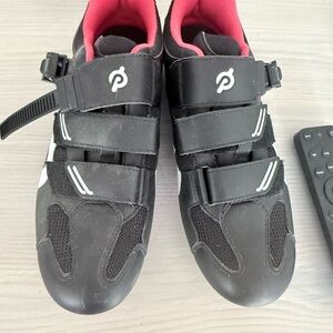 Peloton Black and White Cycling Shoes with Red Cleats